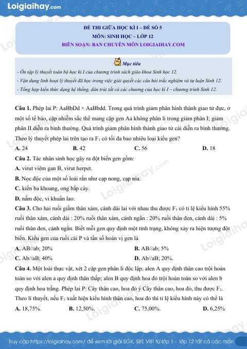 Đề kiểm tra giữa kì 1 Sinh 12 - Đề số 5 có lời giải chi tiết